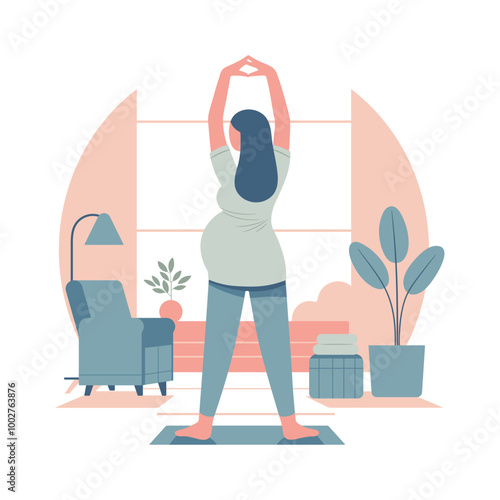 Pregnant woman doing stretching exercise, vector illustration isolated on white. Yoga pregnant women, happy and healthy pregnancy concept. Relax and meditation for the expectant mother.