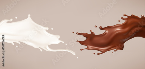 Milk and chocolate splash. Melted brown choco and milky waves with drops. Realistic vector illustration
