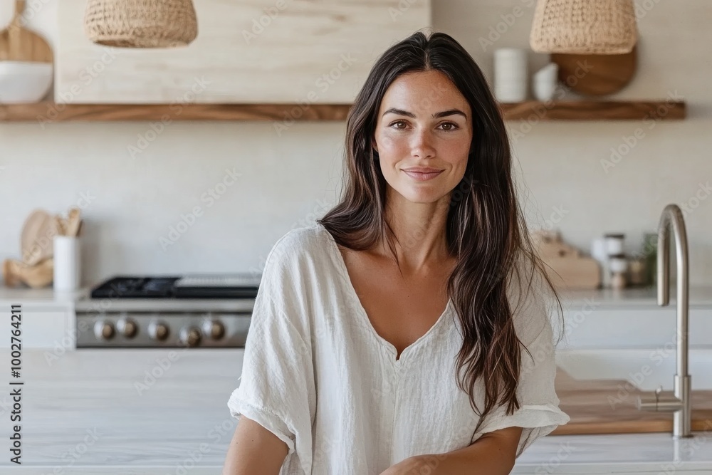 A smiling woman is positioned in a bright kitchen, dressed casually in a white blouse. The kitchen is modern, clean, and bright with wooden accents throughout. A smiling woman is positioned in a bright kitchen, dressed casually in a white blouse. The kitchen is modern, clean, and bright with wooden accents throughout.