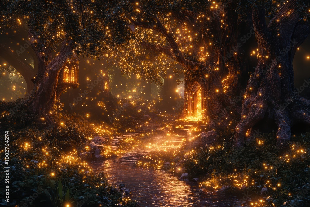 Naklejka premium Glittering Fantasy Forest Filled with Ancient Trees Covered in Glowing Moss, a Sparkling Stream Winding Through the Forest Floor, and Distant Elven Ruins Bathed in Moonlight. Fantasy Scenery