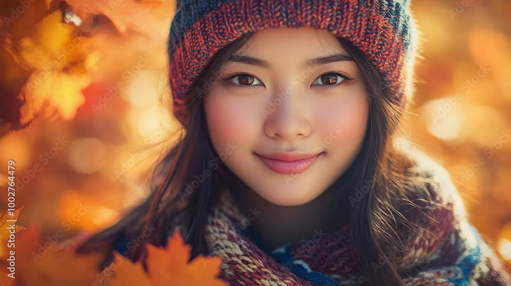 Autumn vibes - portrait of beautiful asian young woman with yellow and orange leaves in the background Autumn vibes - portrait of beautiful asian young woman with yellow and orange leaves in the background