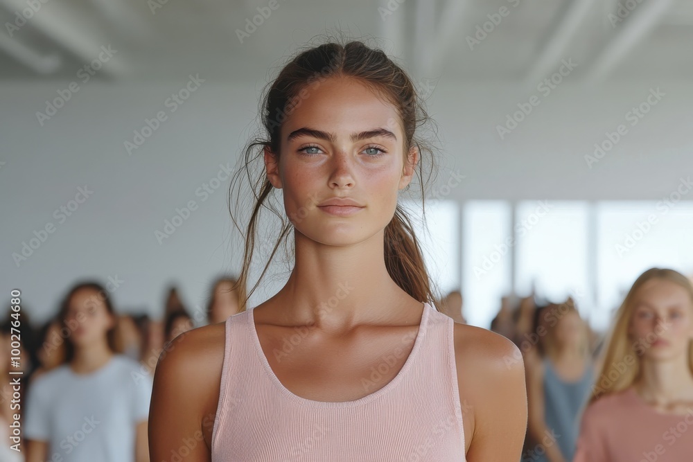 A confident woman leads a procession of diverse individuals on a bright runway, symbolizing unity and empowerment in a modern and inclusive fashion show. A confident woman leads a procession of diverse individuals on a bright runway, symbolizing unity and empowerment in a modern and inclusive fashion show.