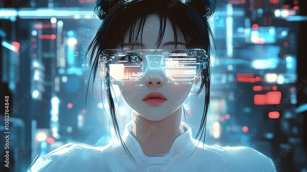 Futuristic Cyber Woman with Augmented Reality Display and Digital Data Interface Futuristic Cyber Woman with Augmented Reality Display and Digital Data Interface