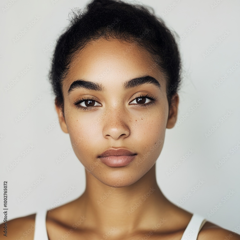 A studio headshot portrait of a young woman in her mid-twenties. Her expression should be warm yet neutral and professional, suitable for acting headshots and casting calls. 