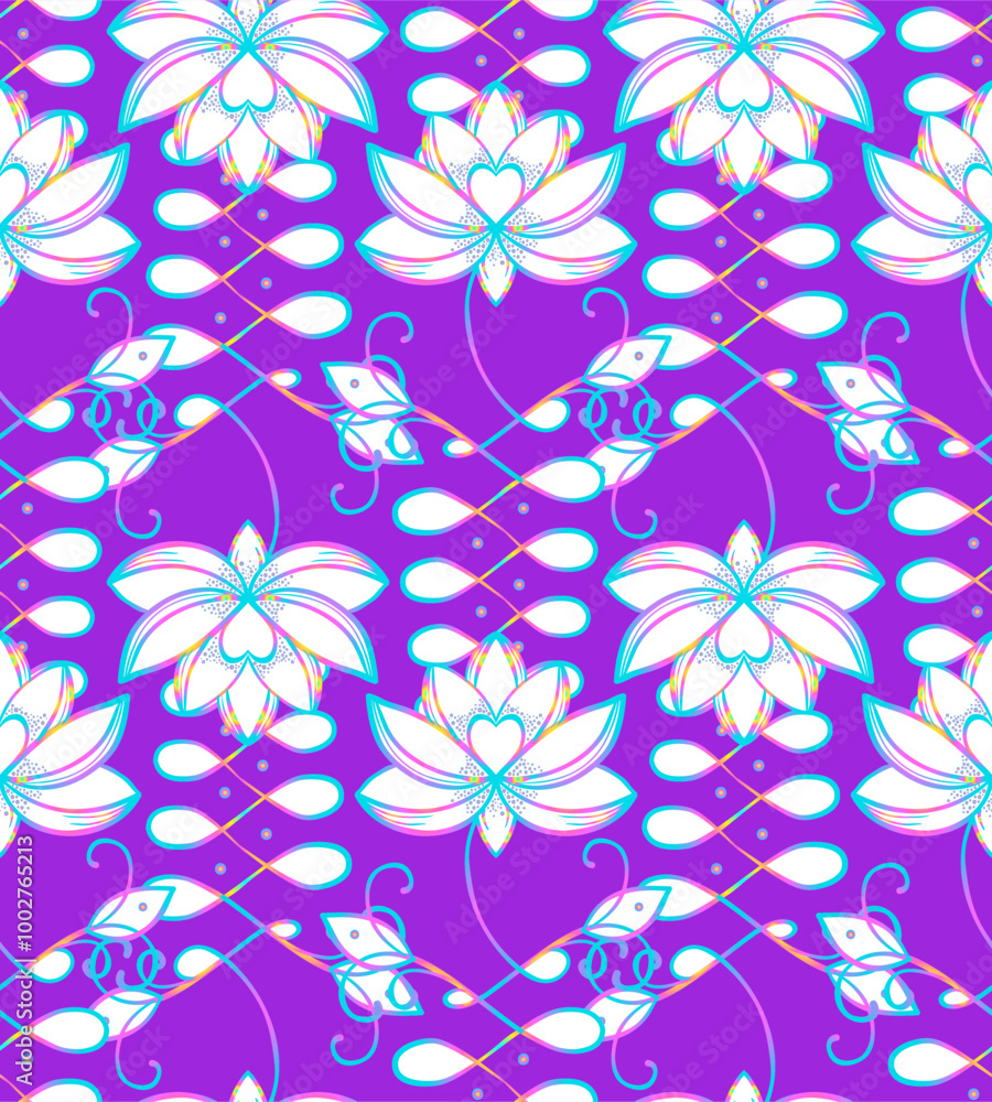 Naklejka premium Lotus and Sacred Geometry. Seamless pattern. Unamole symbols of wisdom and path to perfection. Tattoo, yoga logo, Buddhism design, print, poster, t-shirt, textile. repeating vector illustration.