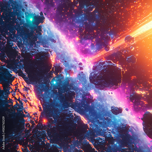 spacescape art: Asteroid Field in a Synthwave Style: A Spacescape Art Piece