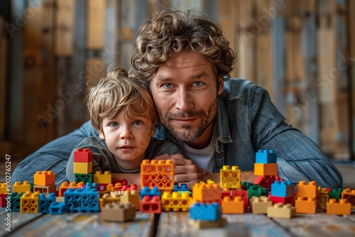 Father and son collaborate to create colorful structures with plastic building blocks together