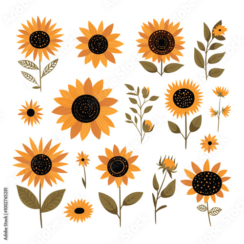 Sunflower vector set isolated on white background. Cartoon style, hand drawn illustration.