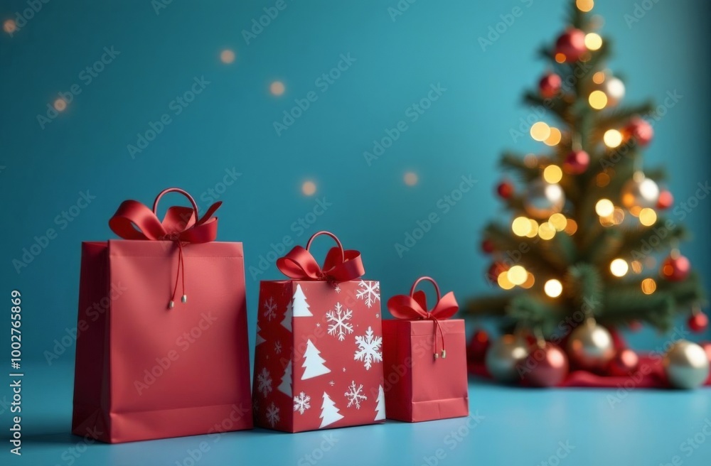 Shopping bags on a plain background, next to a Christmas tree. Shopping, Sale Discounts Buying gifts for the holidays. Shopping bags on a plain background, next to a Christmas tree. Shopping, Sale Discounts Buying gifts for the holidays.