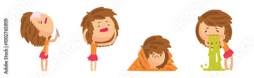 Little Girl Sick Feel Unwell Have Disease Symptom Vector Set