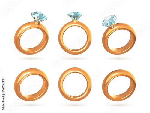 Wedding gold diamond rings. Realistic vector illustration