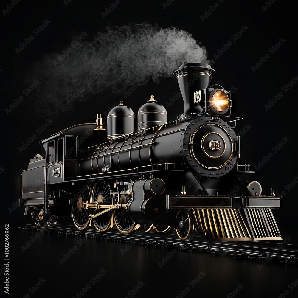 A black and gold train with smoke coming out of it A black and gold train with smoke coming out of it