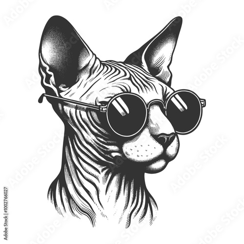 Sphynx cat confidently wearing sunglasses, exuding coolness and attitude sketch engraving generative ai vector illustration. Scratch board imitation. Black and white image.