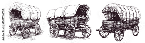 Wild west wagon sketches. Old rustic wagons, western american pioneer or cowboy transport with tent on wooden wheels antique vans vintage tattoo drawing set vector illustration