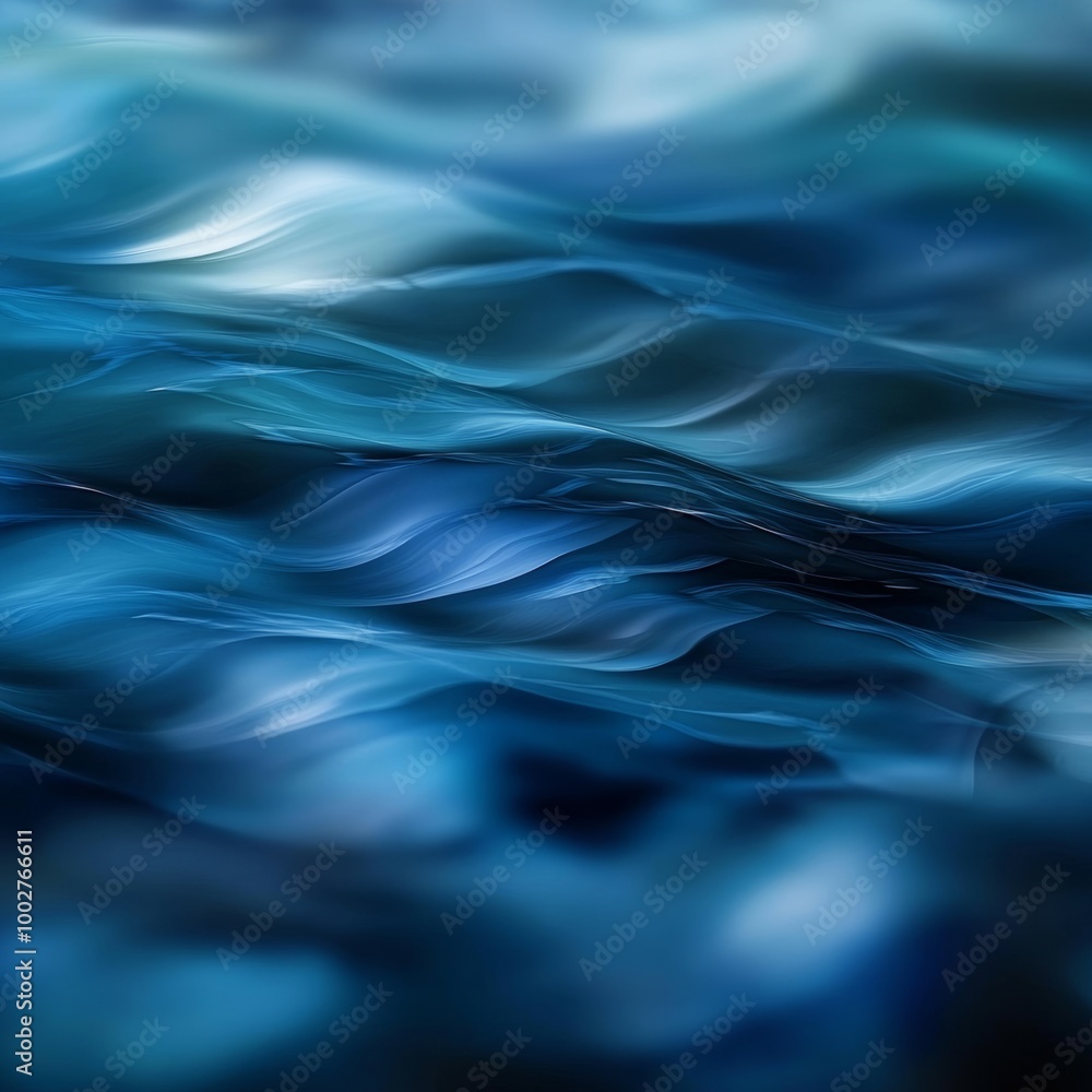 Abstract ocean waves with a fluid motion effect, deep blues, and shimmering highlights Abstract ocean waves with a fluid motion effect, deep blues, and shimmering highlights