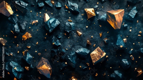 Render of 3D rocks, ruins, gold nuggets, and geometric shapes in iridescent metallic metals on a black background. Modern, unusual wallpaper with levitated rocks, ruins, and golden nuggets.