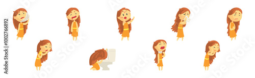 Little Girl Sick Feel Unwell Have Disease Symptom Vector Set
