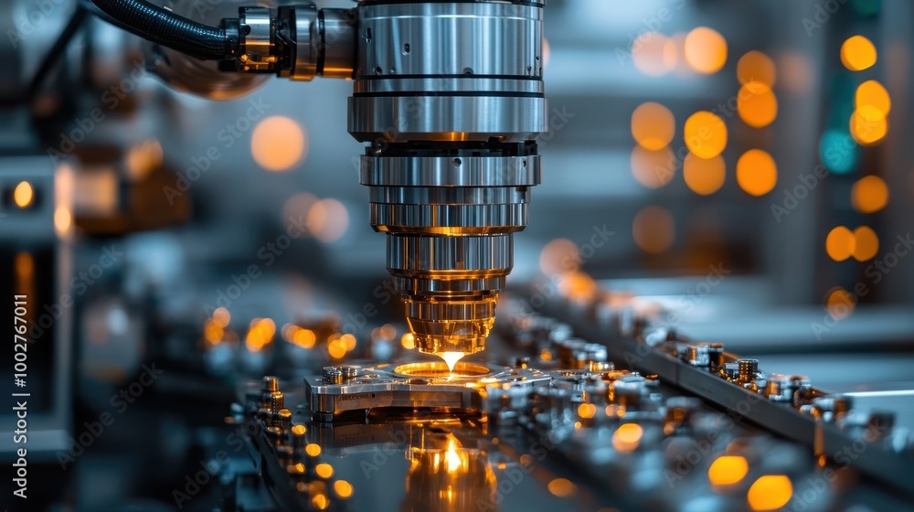 A close-up of a precision machining tool engaged in a manufacturing process, highlighted by warm glowing lights in a high-tech environment. A close-up of a precision machining tool engaged in a manufacturing process, highlighted by warm glowing lights in a high-tech environment.