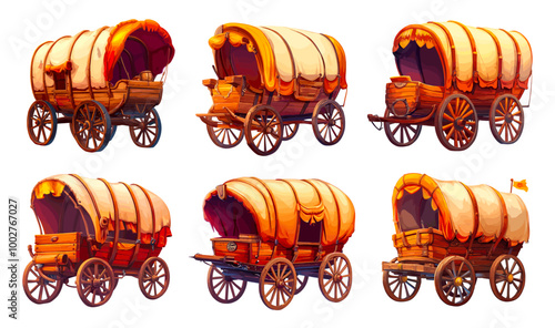 Wild west wagons. Cartoon western wagons, american old rustic cart for pioneer or cowboy antique vans with tent on wooden wheels vintage america transport set vector illustration