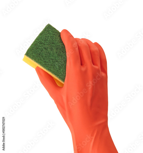 Cleaning glove holding cleaning sponge.