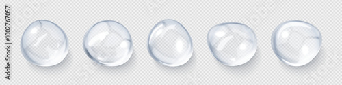 Clear liquid drops. Cosmetic oil droplets. Hyaluronic acid. Collagen gel skincare product. Vector illustration