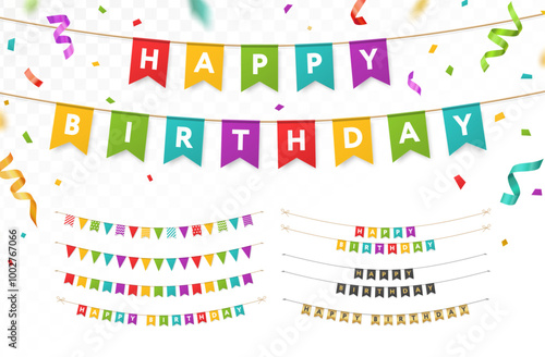 Realistic Happy Birthday party paper garland on rope, banners, confetti. Fun event celebration bunting mockup. Gold, colorful flags set. Transparent isolated background. Vector elements. Card design