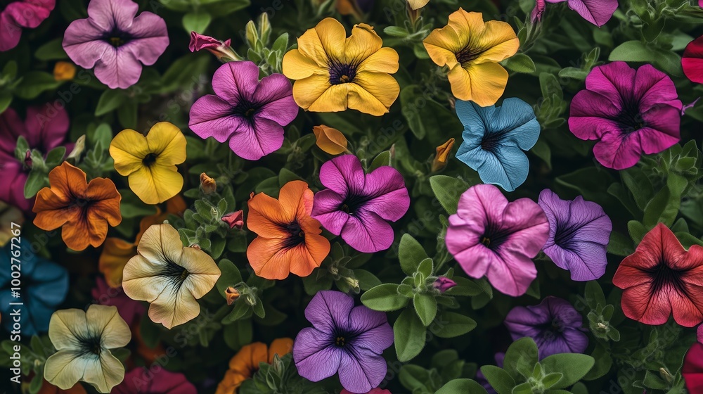 Vibrant display of colorful petunias in a lush garden setting during a sunny day in spring Vibrant display of colorful petunias in a lush garden setting during a sunny day in spring