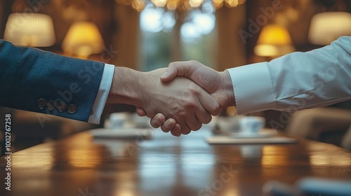 Wallpaper Mural The image captures a close-up of two hands shaking, symbolizing agreement or partnership in a warm, inviting setting. Torontodigital.ca