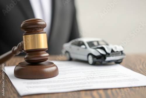 Legal gavel near a damaged car and accident paperwork on a wooden desk. photo