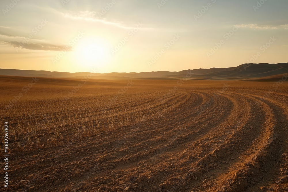 A desert overtaking a once fertile farmland, symbolizing desertification and climate change