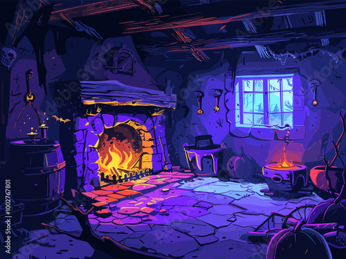 Witch hut. Sorcerer basement, fireplace inside old stone castle scary horror interior magic pot potion spooky mystery room cartoon vector illustration
