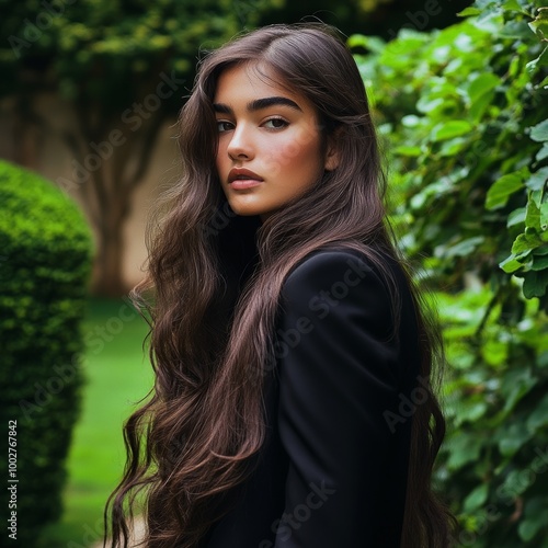 Frontal portrait of a beautiful brunette girl with long wavy hair, with refined facial features, wearing a fitted, silhouetted black Dior-style jacket, for the cover of Vogue magazine, 