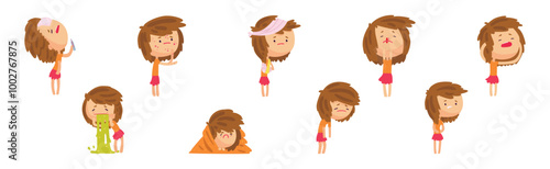 Little Girl Sick Feel Unwell Have Disease Symptom Vector Set