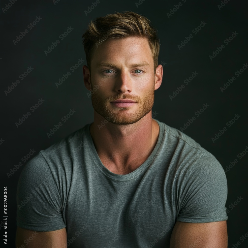hyper realistic photograph of a handsome american man in a t-shirt looking directly at the camera. hyper realistic photograph of a handsome american man in a t-shirt looking directly at the camera.