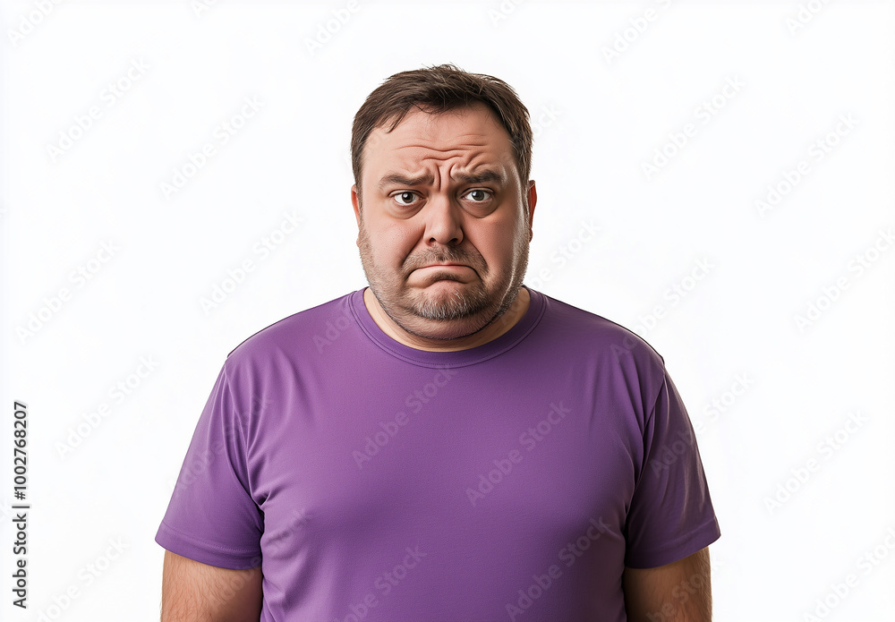 half-body photo of an overweight middle age man in a purple T-shirt, looking worried with grimacing expressions. Concept of unhealthy body and obesity. Men at risk for diabetes belly fat. half-body photo of an overweight middle age man in a purple T-shirt, looking worried with grimacing expressions. Concept of unhealthy body and obesity. Men at risk for diabetes belly fat.