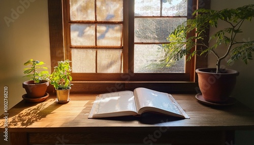 窓際で読書、木漏れ日