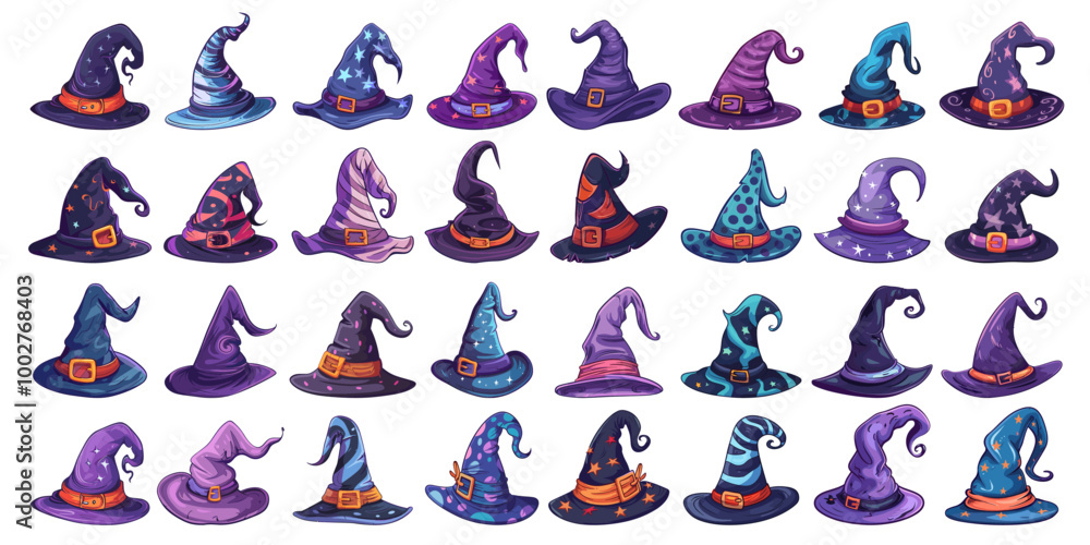 Naklejka premium Witches hats set. Magician hat halloween fantasy costume sorcerer cap holiday decoration buckle witch clothing element wizard masquerade magical accessory cartoon vector illustration