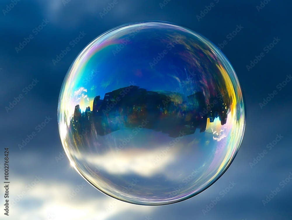 A soap bubble floating in the air with a city in the background A soap bubble floating in the air with a city in the background