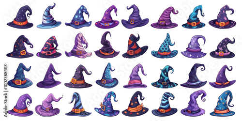 Witches hats set. Magician hat halloween fantasy costume sorcerer cap holiday decoration buckle witch clothing element wizard masquerade magical accessory cartoon vector illustration