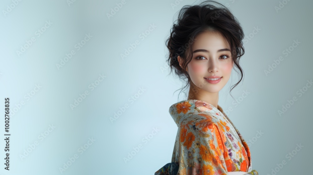 Elegant Japanese woman in kimono - white background Elegant Japanese woman in kimono - white background