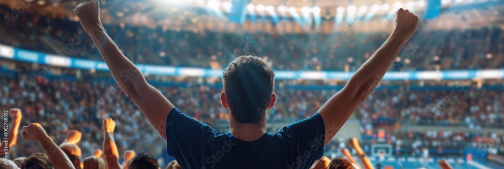 Excited crowd cheers on team in large stadium filled with spectators during sports event. Group of people gathered together, raising arms, showing enthusiasm for game. Atmosphere electric with Excited crowd cheers on team in large stadium filled with spectators during sports event. Group of people gathered together, raising arms, showing enthusiasm for game. Atmosphere electric with