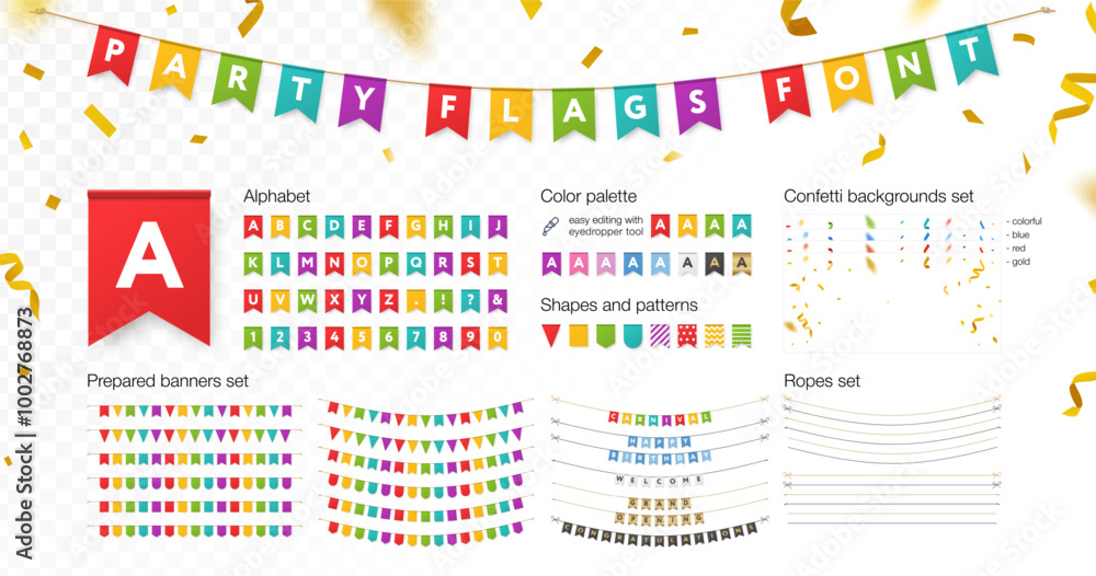 Realistic party paper flag font, banner, gold confetti, ropes set. Fun event celebration bunting mockup, Happy Birthday garland, Carnival concept. Transparent isolate background. Vector design element Realistic party paper flag font, banner, gold confetti, ropes set. Fun event celebration bunting mockup, Happy Birthday garland, Carnival concept. Transparent isolate background. Vector design element