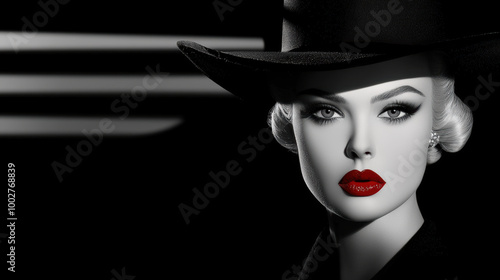 A striking black and white portrait of a glamorous woman wearing a bold hat and vibrant red lipstick, 1940s film noir style portrait, dramatic shadows, black and white