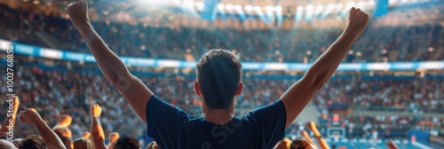 Excited crowd cheers on team in large stadium filled with spectators during sports event. Group of people gathered together, raising arms, showing enthusiasm for game. Atmosphere electric with