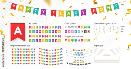 Realistic party paper flag font, banner, gold confetti, ropes set. Fun event celebration bunting mockup, Happy Birthday garland, Carnival concept. Transparent isolate background. Vector design element