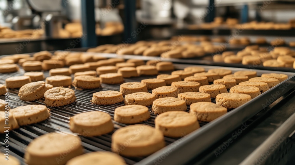 Fresh cookies cooling on a large tray in a food factory, illustrating the mass production of sweets with space for copy or branding. Fresh cookies cooling on a large tray in a food factory, illustrating the mass production of sweets with space for copy or branding.