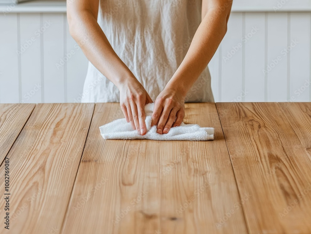 Hands folding a napkin on a wooden table in a cozy kitchen. Hands folding a napkin on a wooden table in a cozy kitchen.