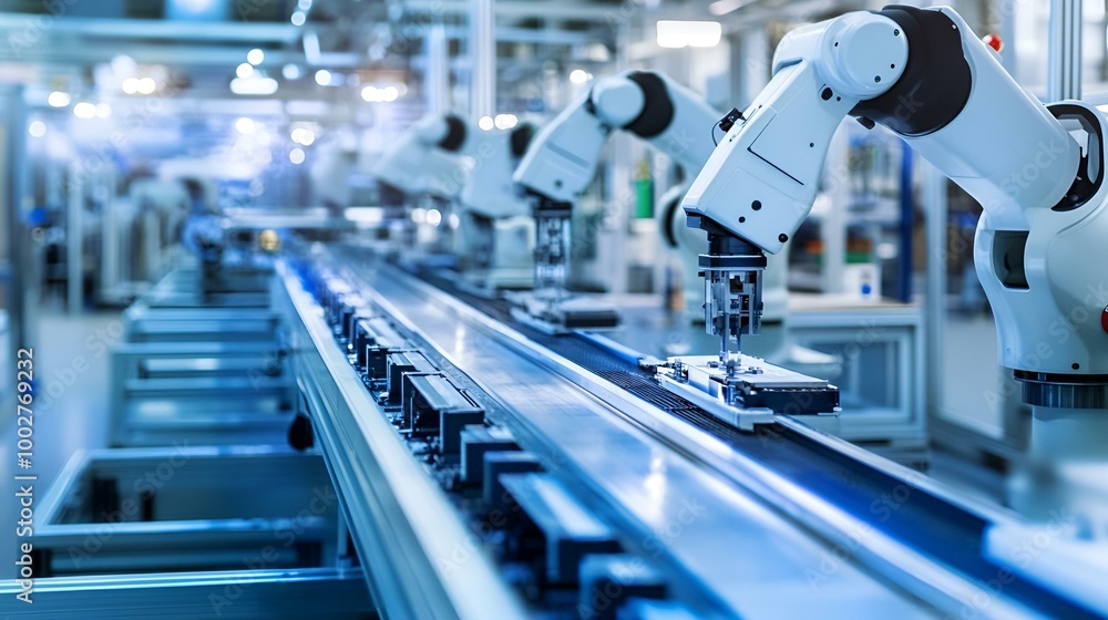 A steel conveyor belt carrying car parts through a modern factory A steel conveyor belt carrying car parts through a modern factory