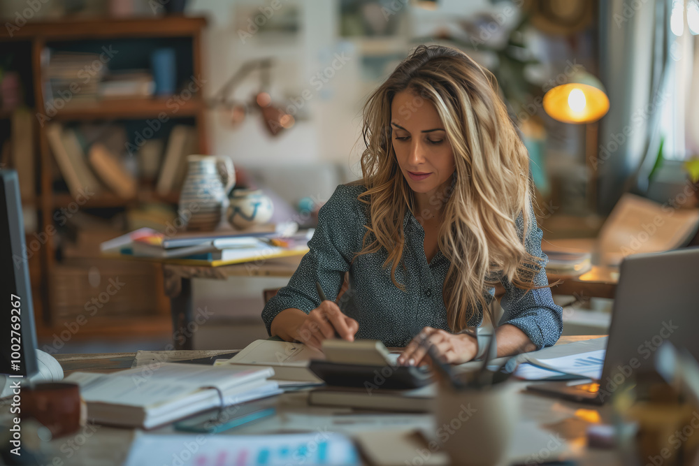 Businesswoman sitting in office analyzing financial documents with calculator and charts on table. Businesswoman sitting in office analyzing financial documents with calculator and charts on table.