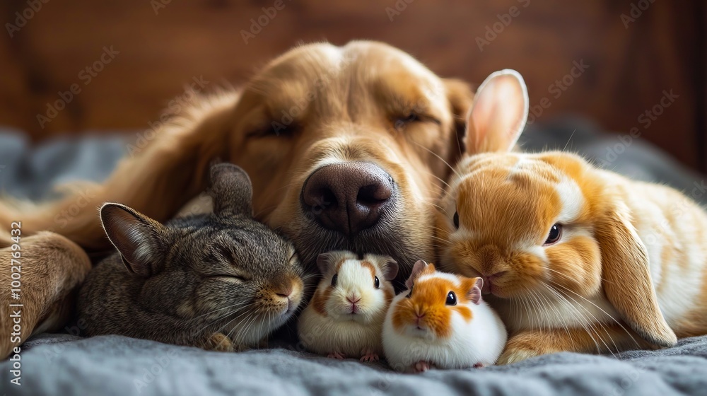 Obraz premium A dog and three small animals laying on top of a bed